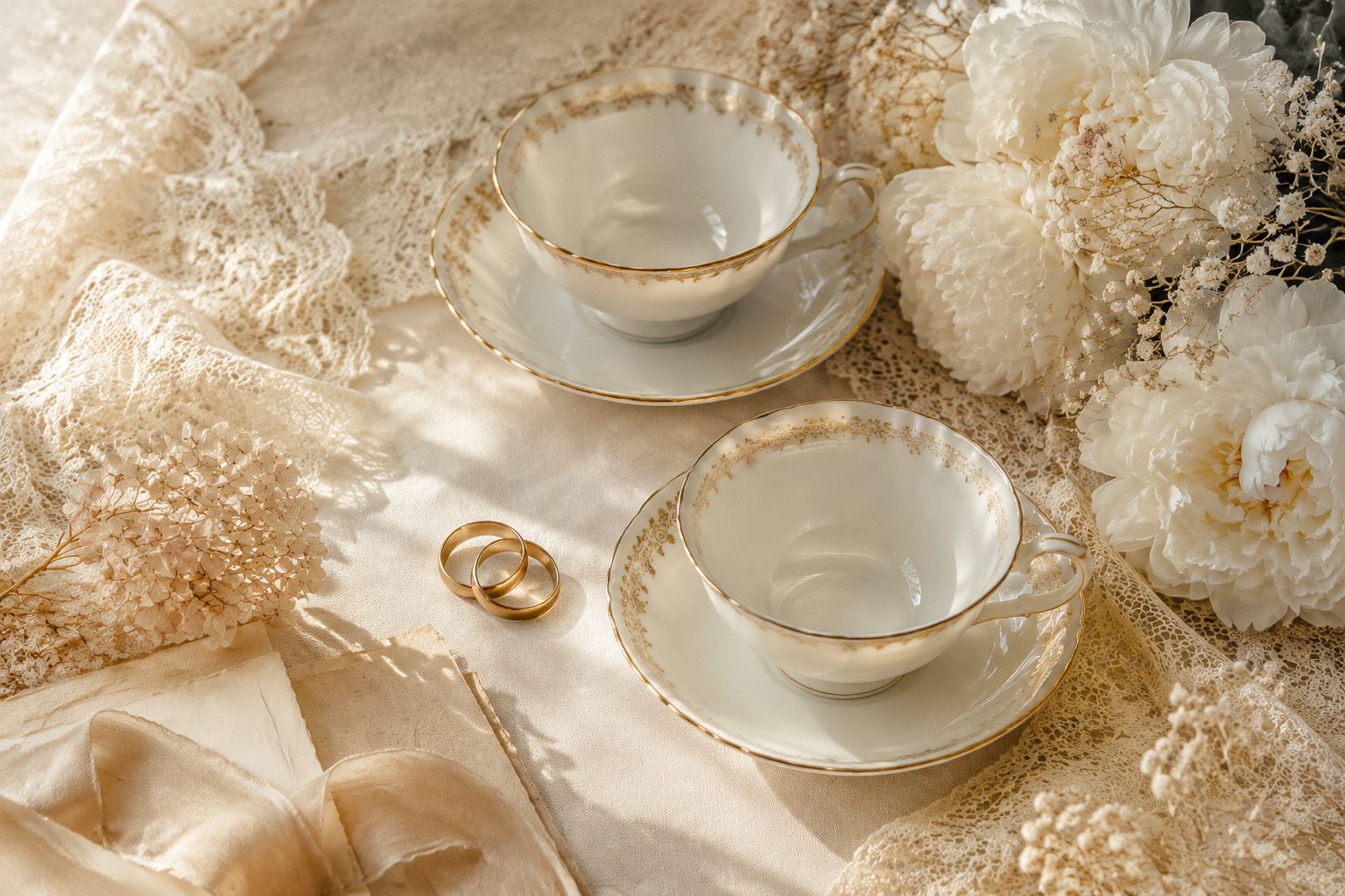 Porcelanowe gody — 20 rocznica ślubu, filiżanki, koronka i obrączki