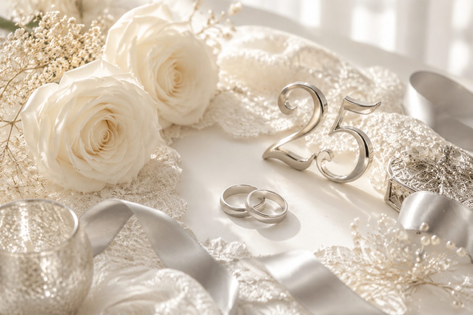 Srebrne gody — eleganckie 25-lecie ślubu z białymi różami