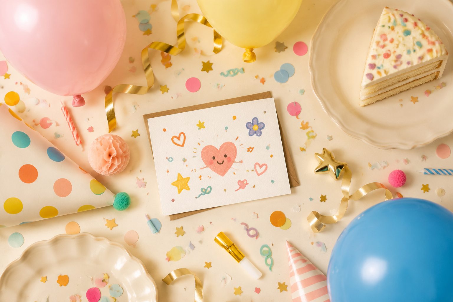 Śmieszne podziękowania za życzenia — konfetti, balony i kartka