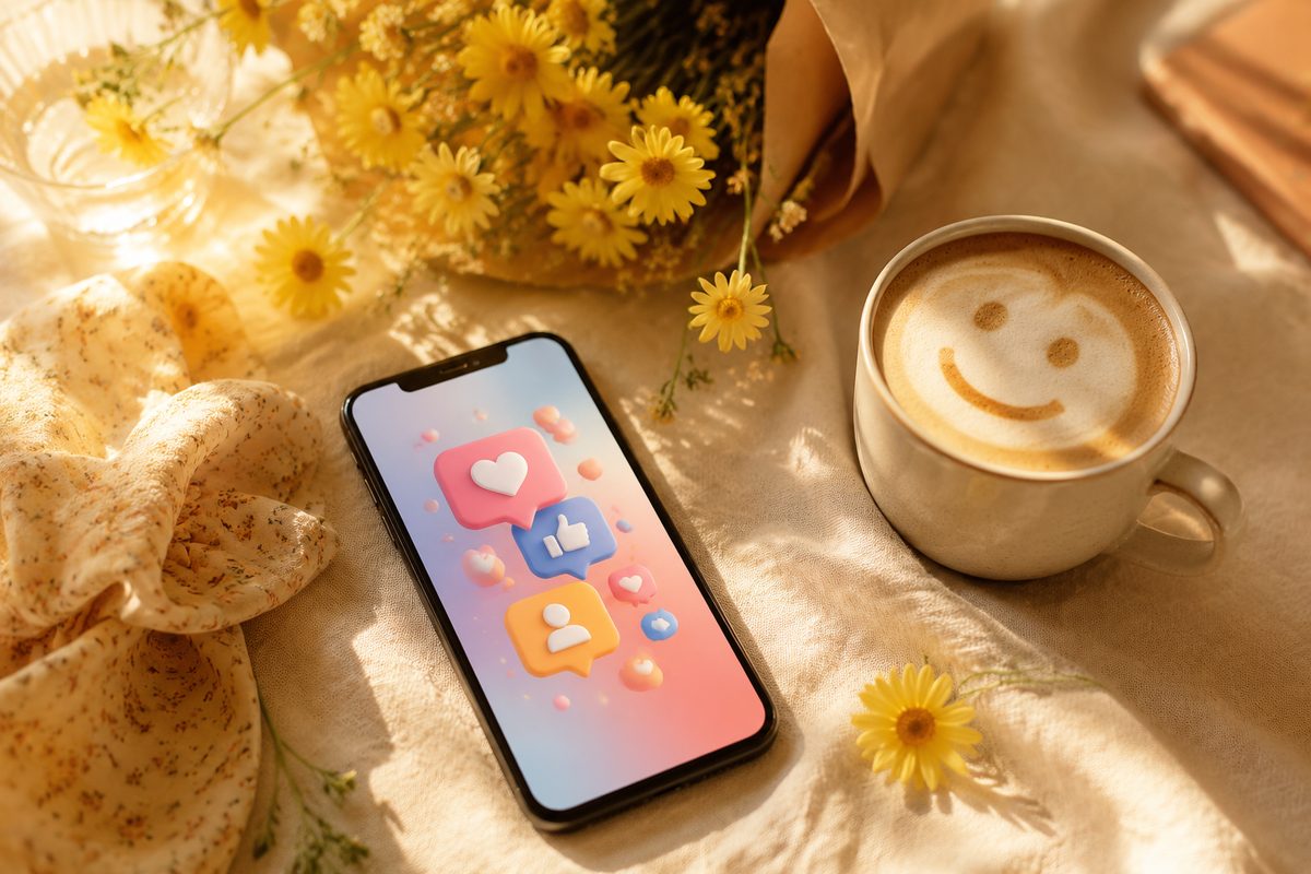 Podziękowania na Facebook — telefon z powiadomieniami i bukiet stokrotek