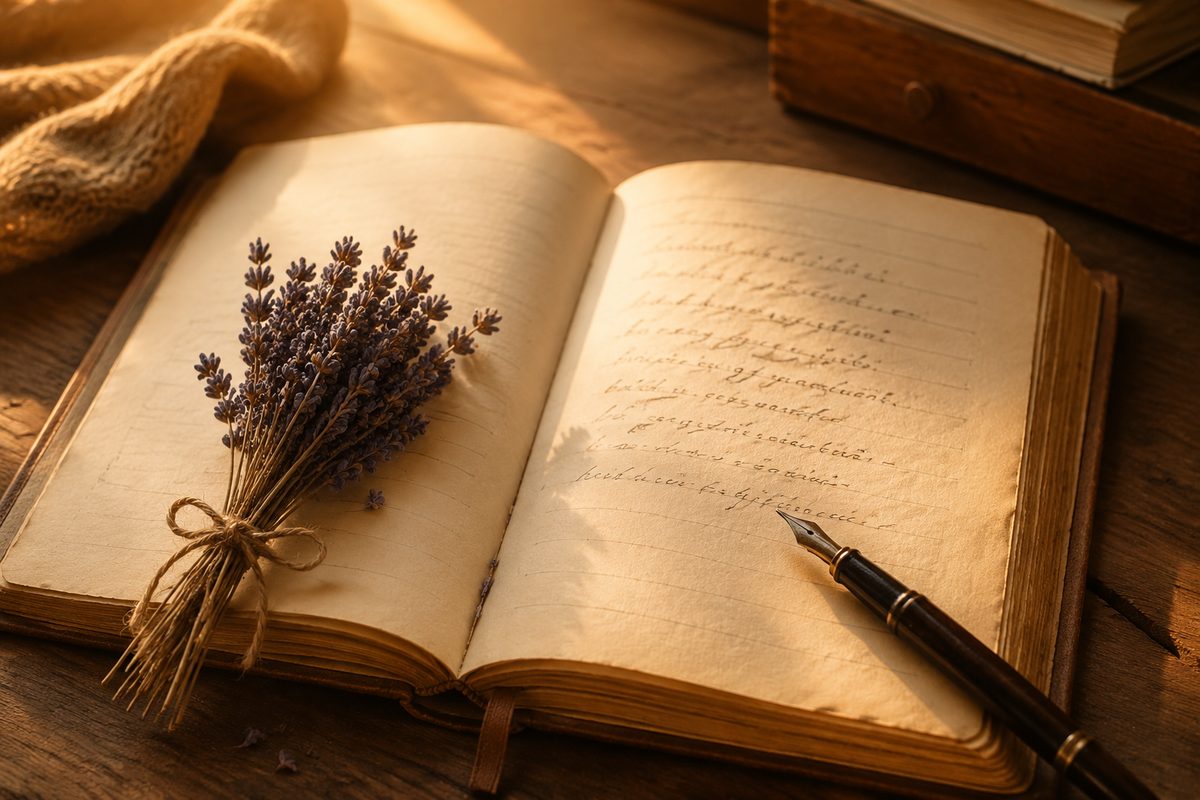 Otwarty notes z odręcznym wierszykiem i suszoną lawendą