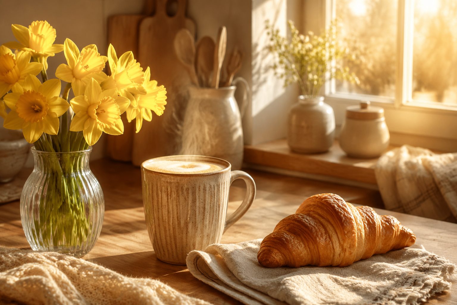 Miłe słowa na dzień dobry — kawa, croissant i kwiaty w porannym świetle