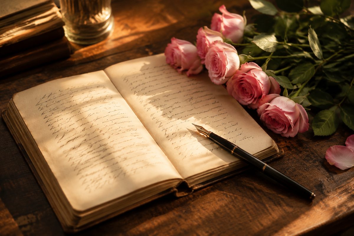 Wierszowane życzenia urodzinowe — notes z odręcznym wierszem i róże