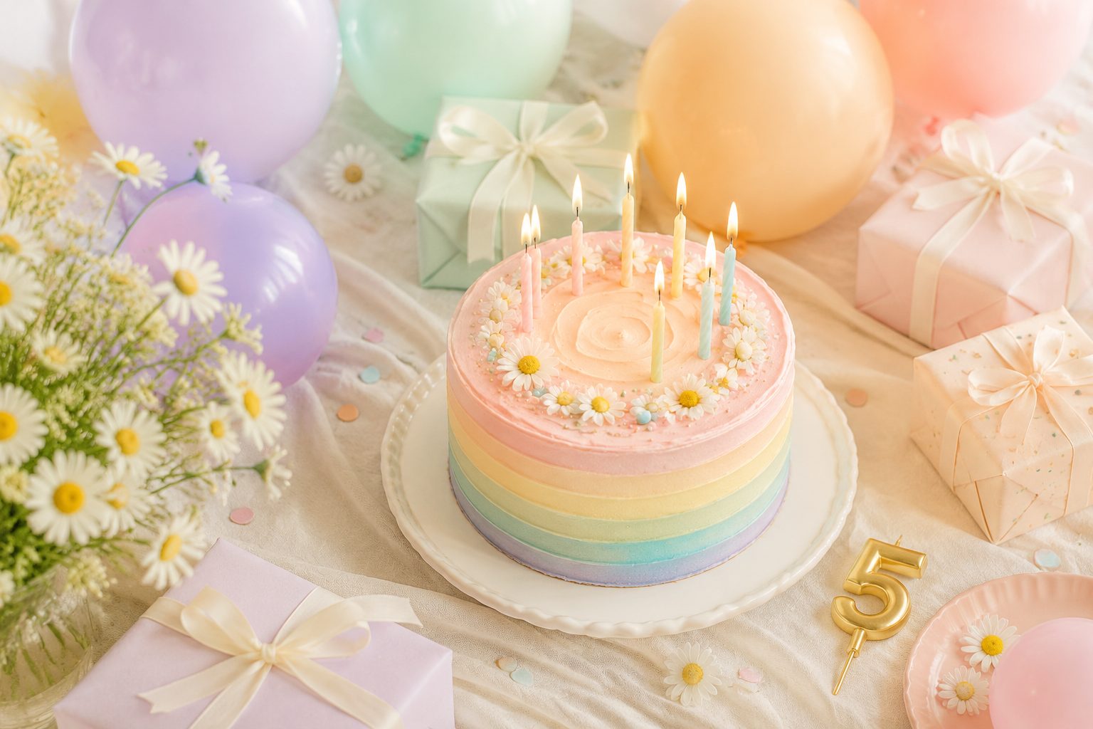 Piękne życzenia dla dziecka — tort, balony i pastelowe prezenty