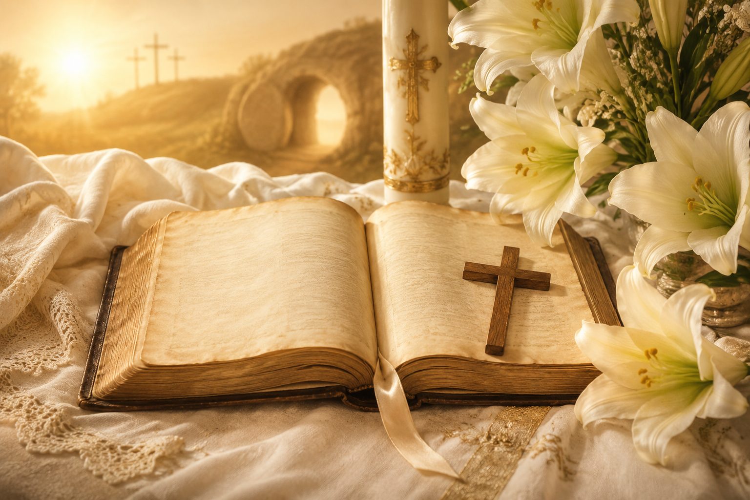 Piękne wielkanocne życzenia religijne — białe lilie, krzyż i Pismo Święte