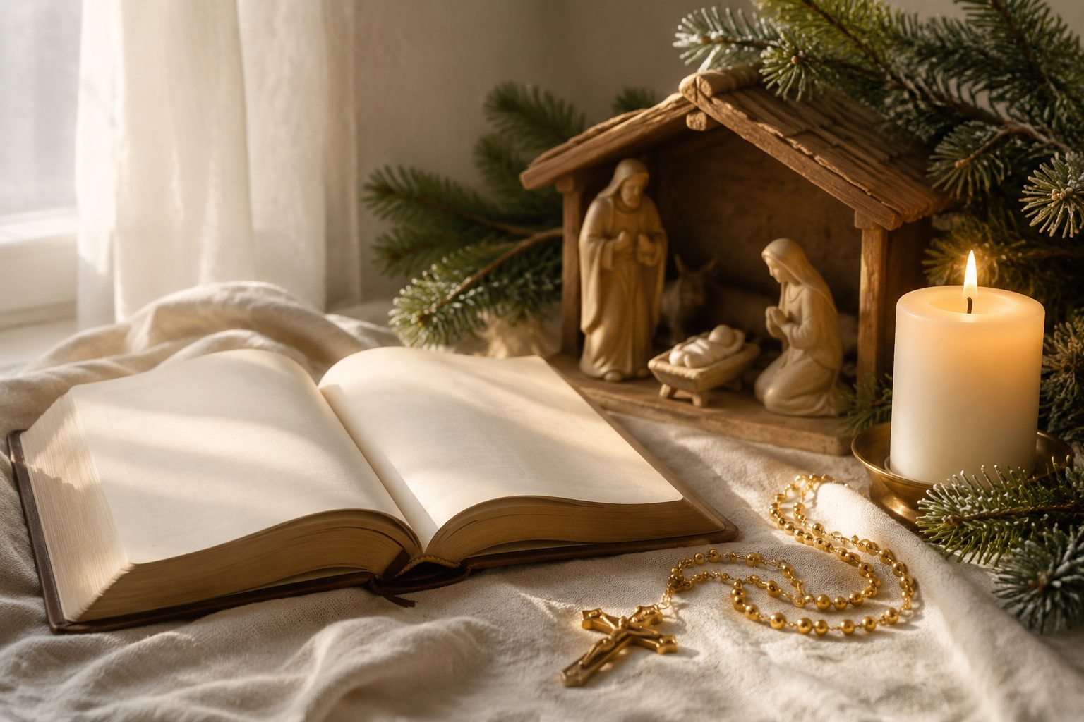 Religijne życzenia na Boże Narodzenie — modlitewnik, świeca i figurka szopki