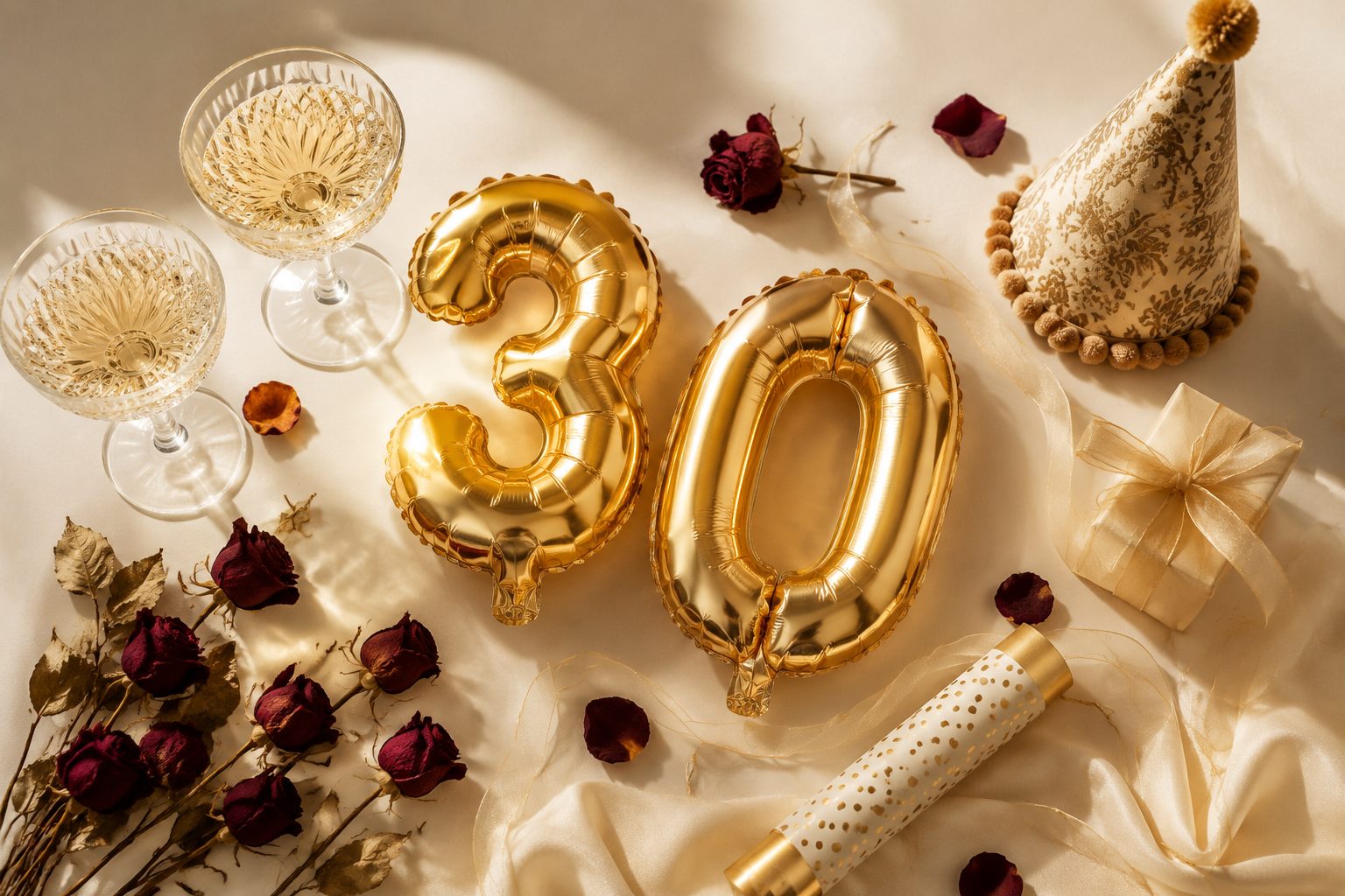 Trzydziestka z humorem — balon 30, kieliszki, party popper