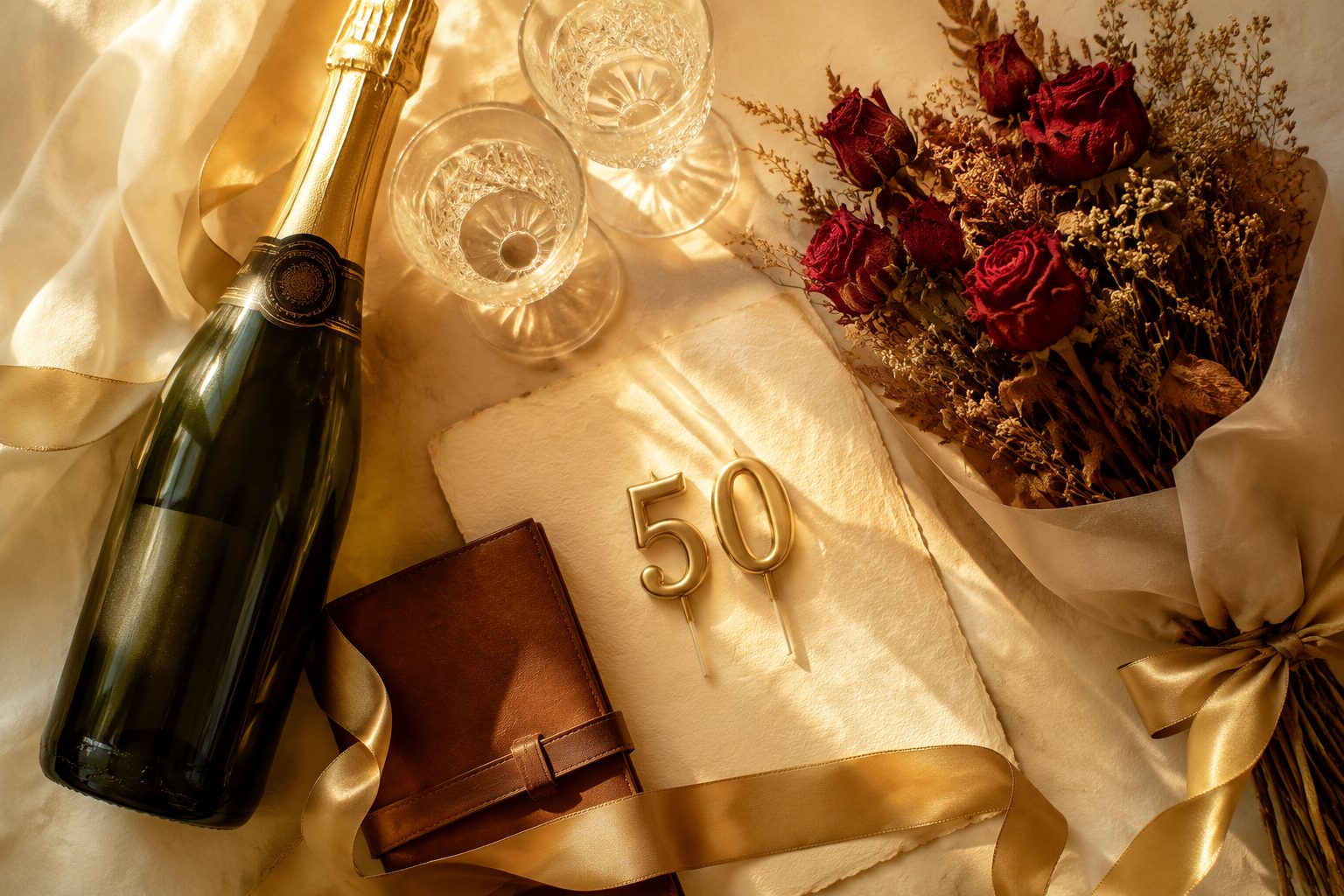 Śmieszne życzenia na 50 urodziny — szampan, róże i złota cyfra 50