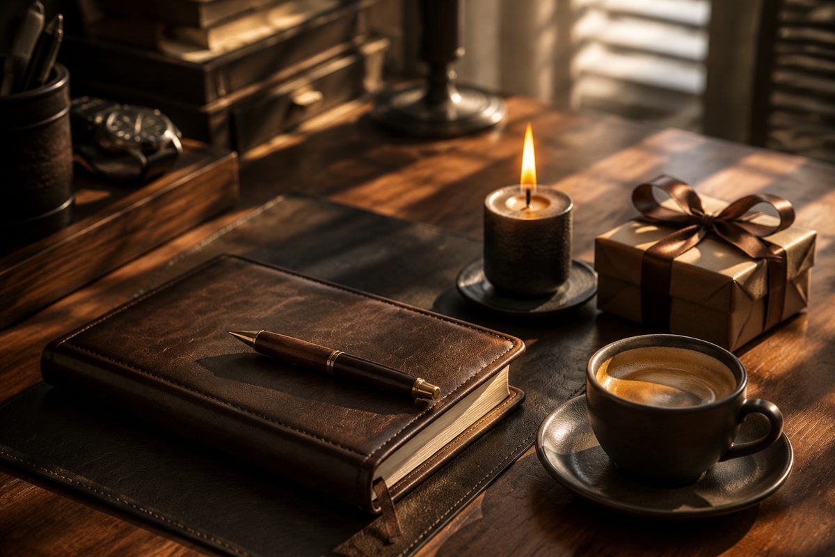 Urodziny mężczyzny — skórzany notatnik, pióro, espresso i prezent