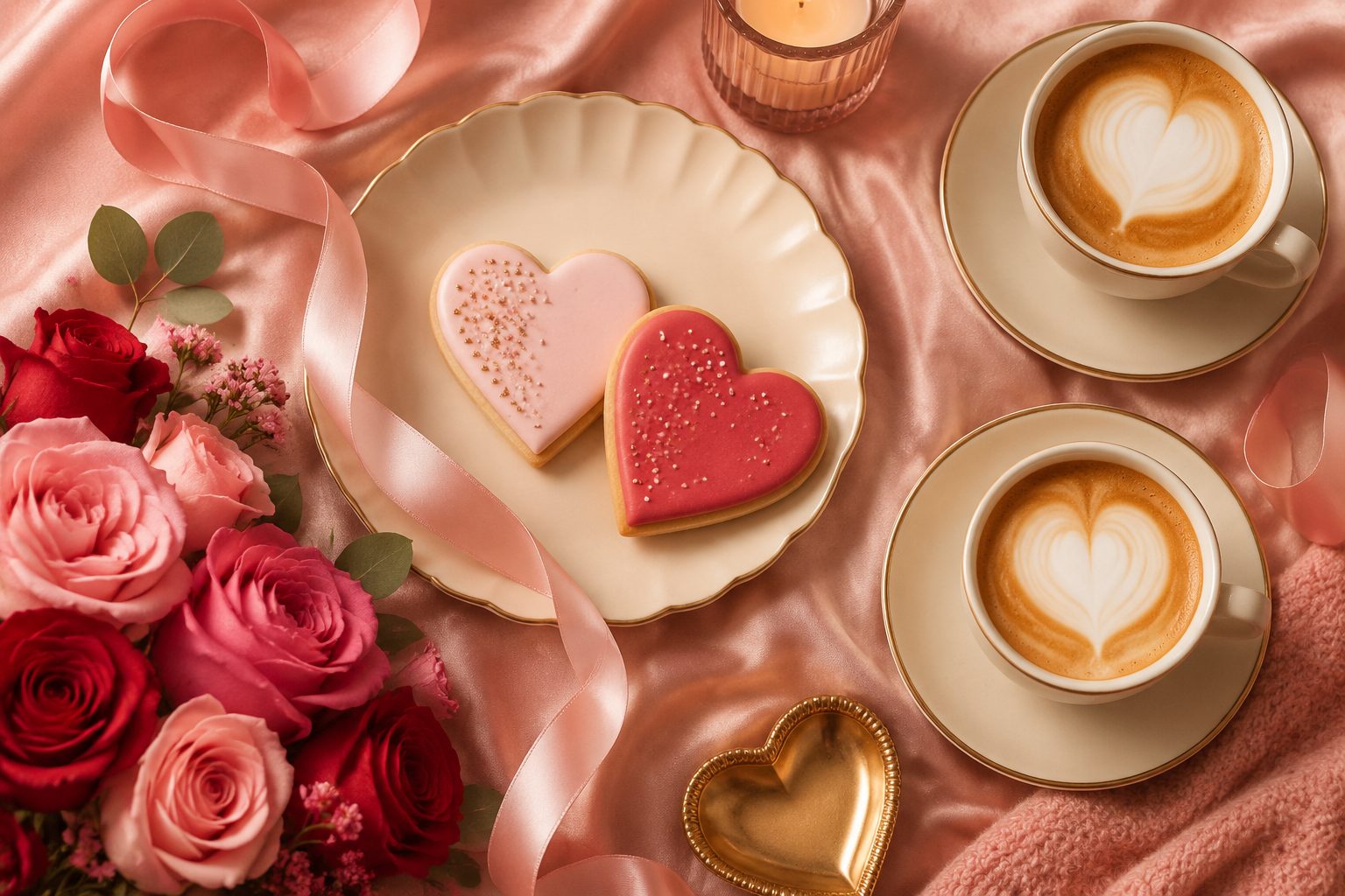 Walentynki dla przyjaciółki — ciastka serca, róże, cappuccino