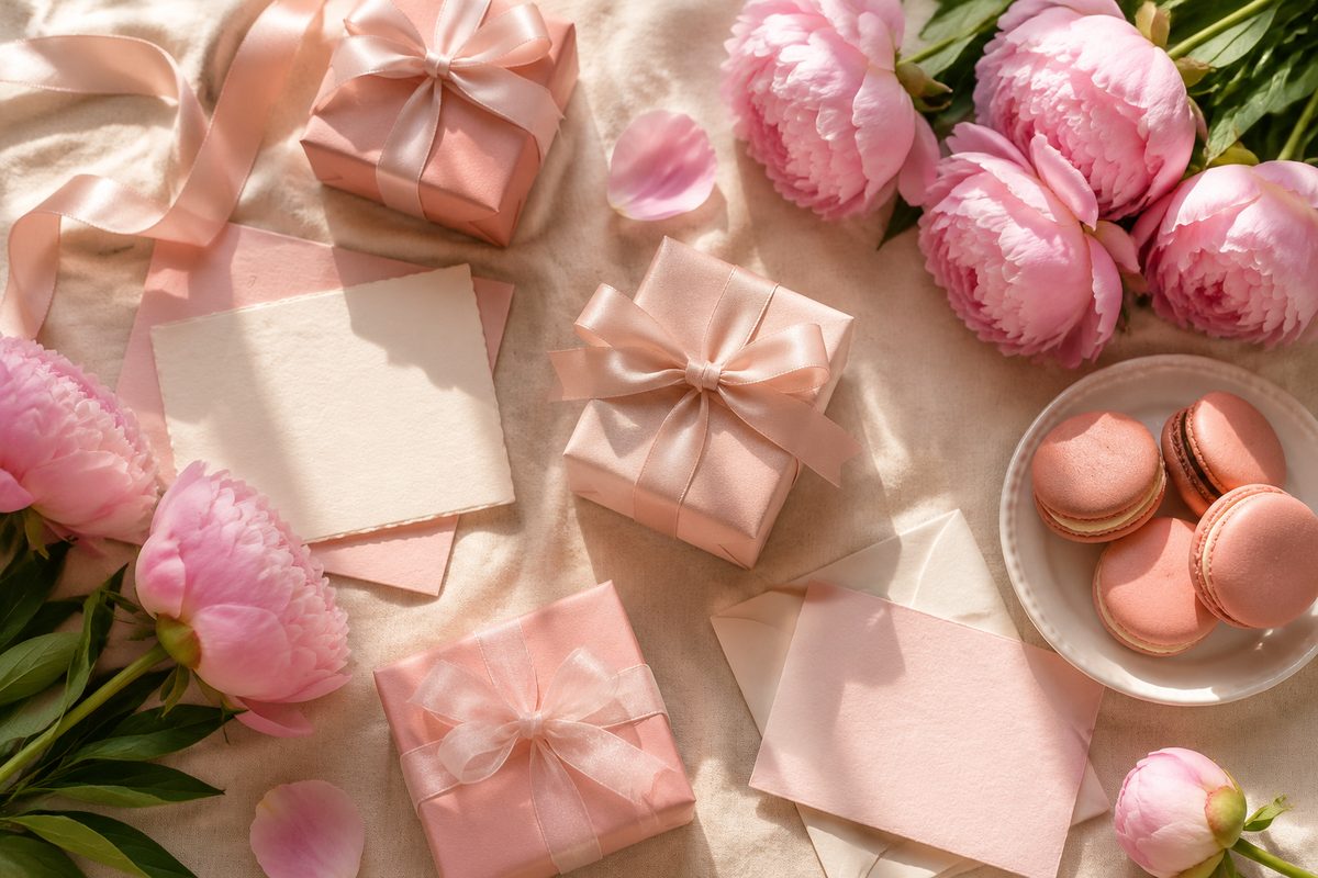 Walentynkowy prezent dla przyjaciółki — koperta, makaroniki, peonie