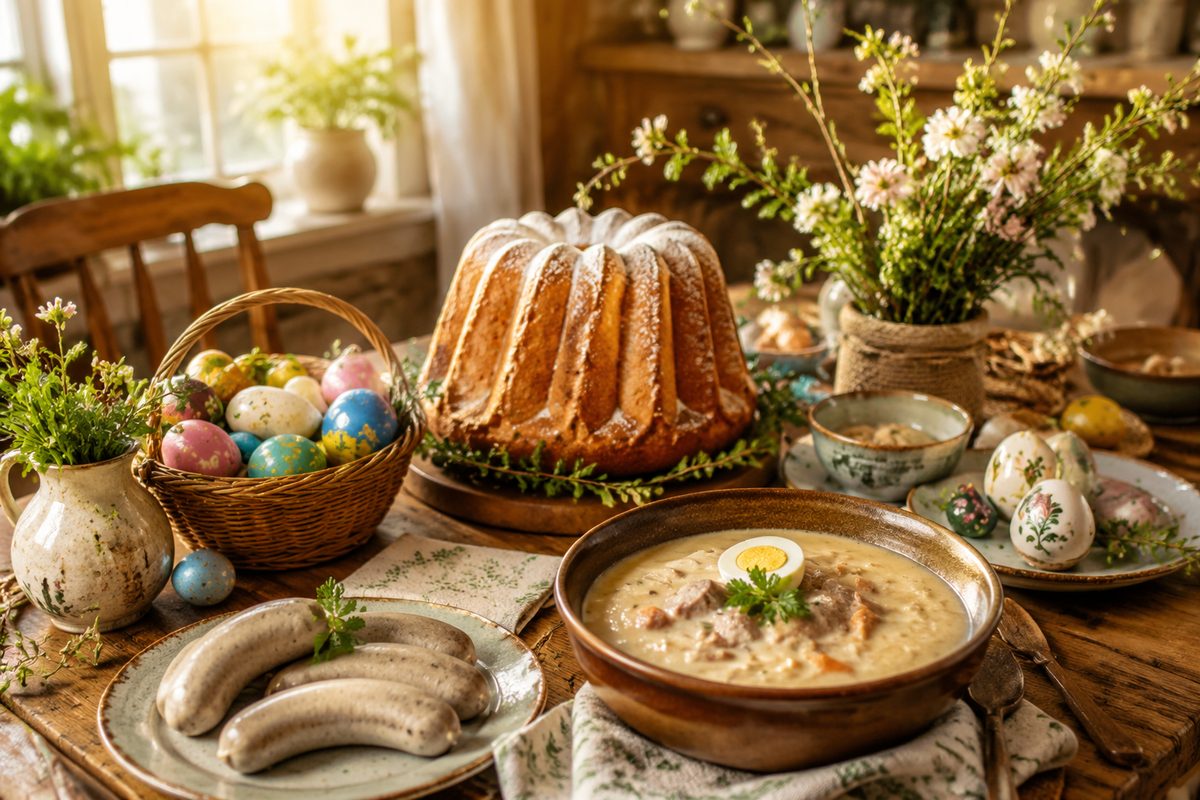 Wesołe śniadanie wielkanocne — babka, żurek i uśmiechnięte jajka