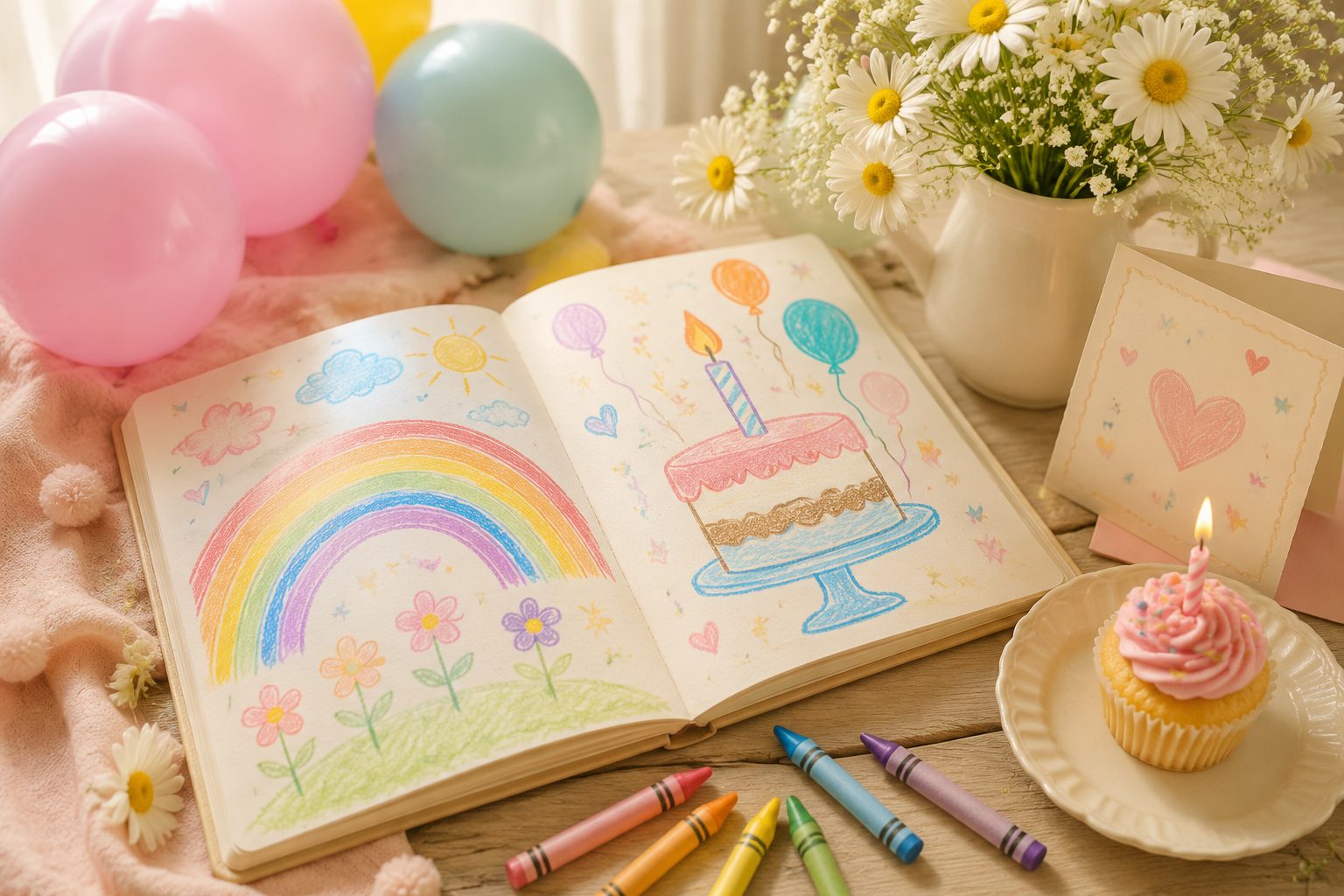Wierszyk urodzinowy dla dziecka — kolorowy notes, kredki, balony i babeczka
