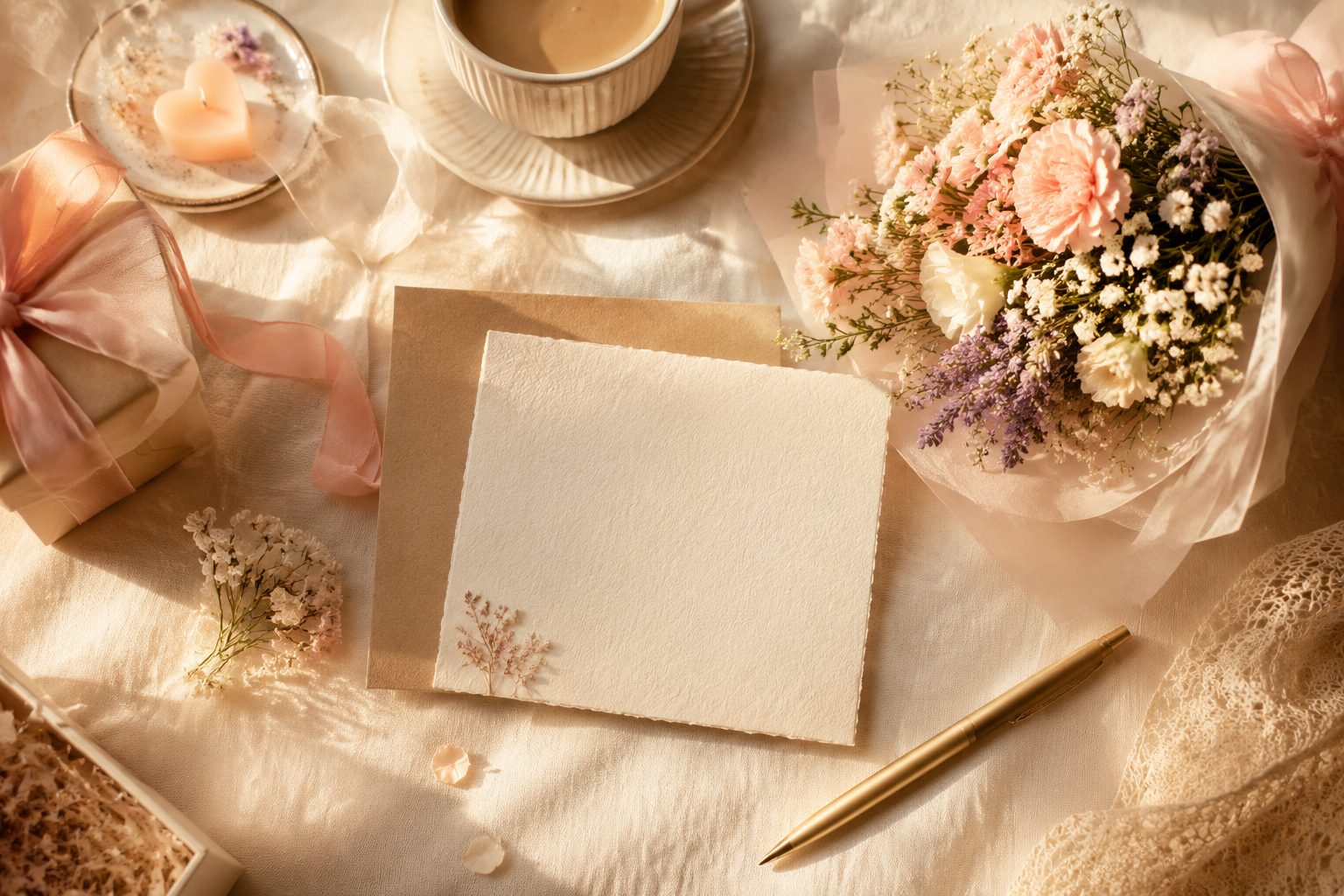 Urodzinowa kartka dla koleżanki, pastelowe kwiaty i elegancka kawa