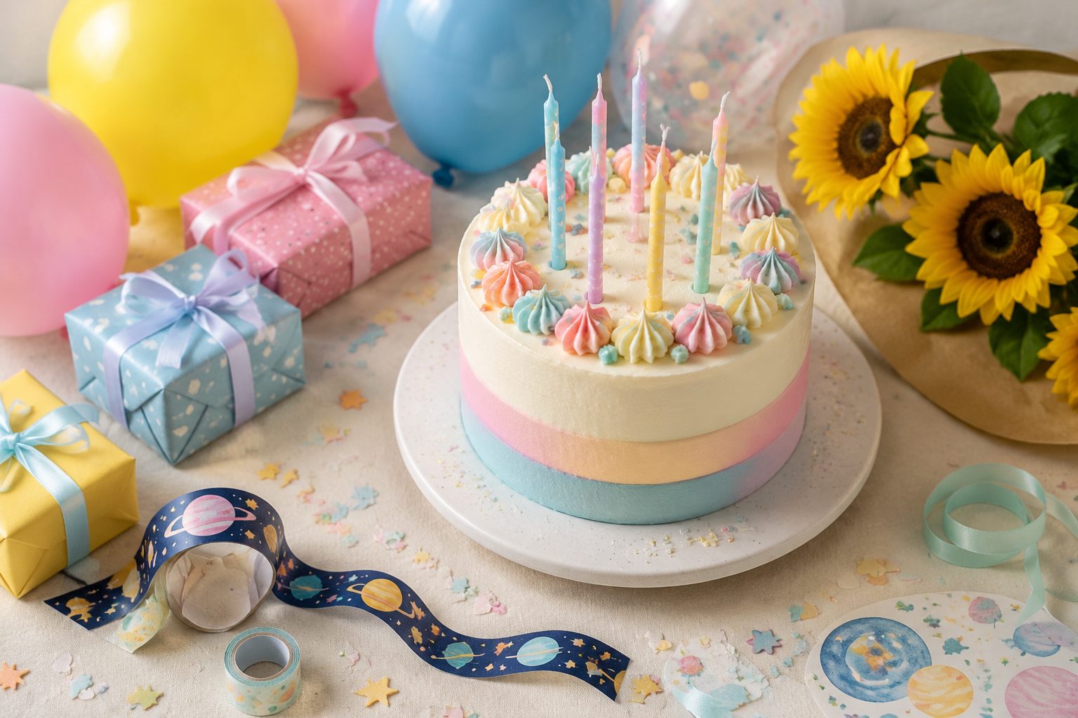 Życzenia dla 9-latka — tort z dziewięcioma świeczkami, balony i prezenty