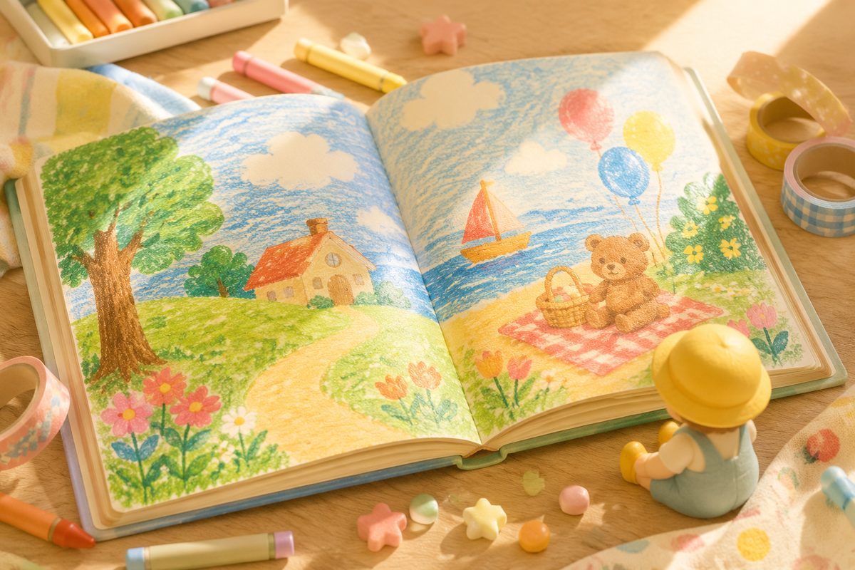 Otwarta książka z kolorowymi ilustracjami i pastelowe cukierki