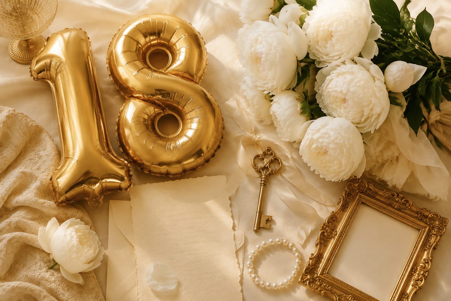 Życzenia na 18 urodziny dla córki — białe peonie, złota kokarda, list i biżuteria