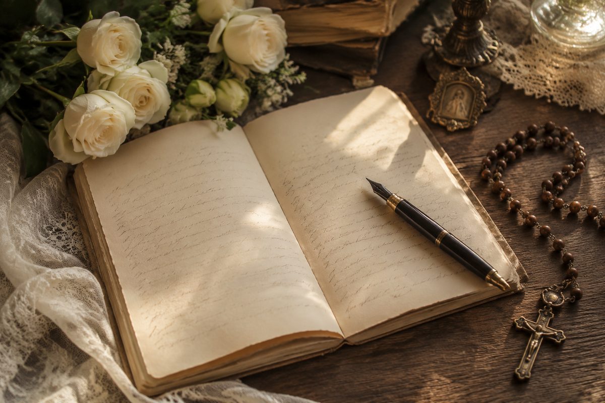 Wzruszające życzenia dla księdza — odręczny list, róże i różaniec