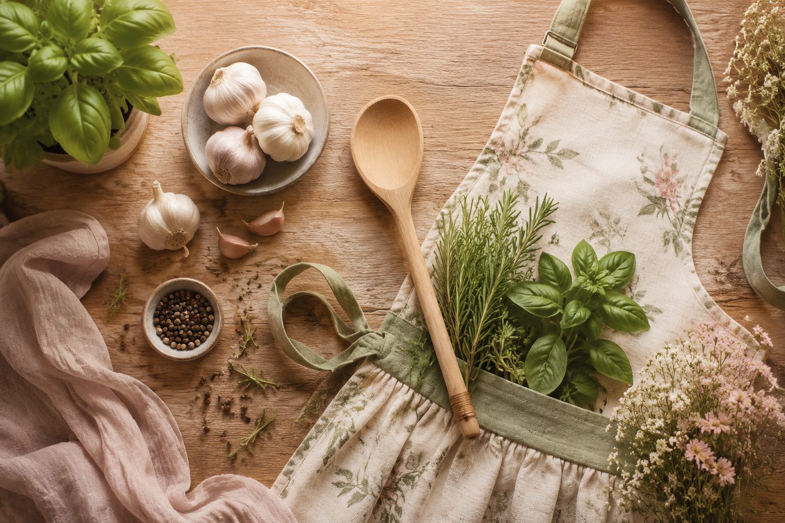 Eleganckie akcesoria kuchenne, świeże zioła i drewniana łyżka w pastelowej aranżacji