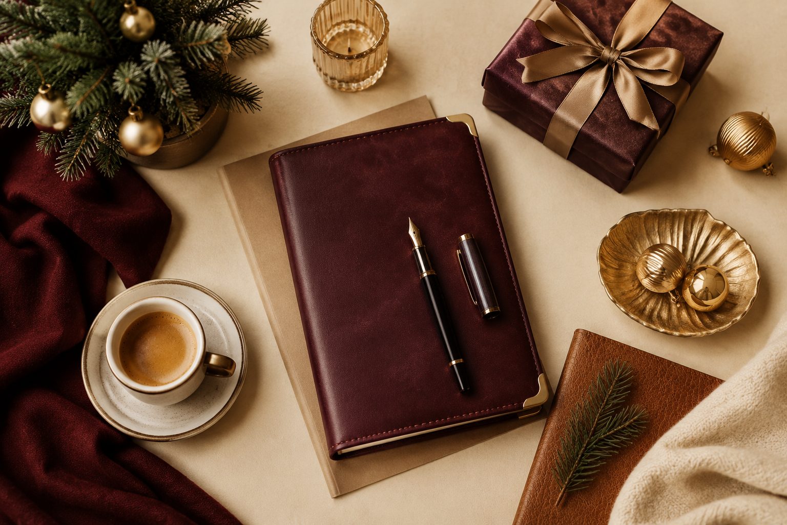 Eleganckie życzenia dla nauczyciela — skórzany notes, pióro i mała choinka na biurku