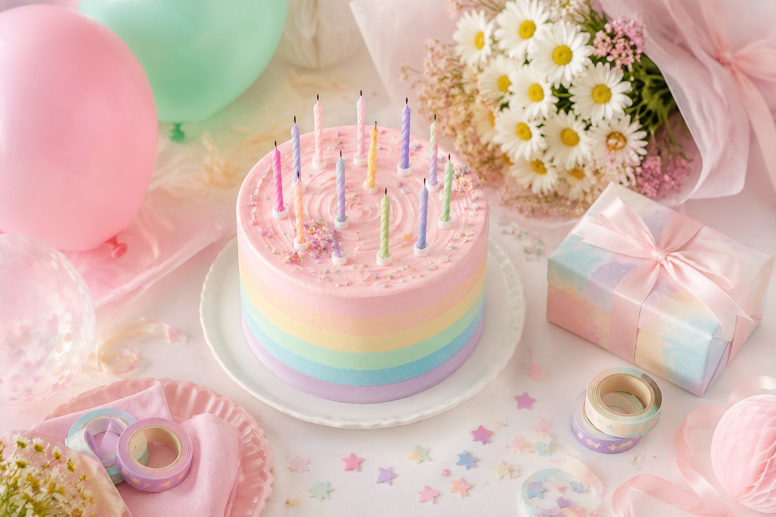 Życzenia na 13 urodziny — tort z trzynastoma świeczkami i pastelowe balony