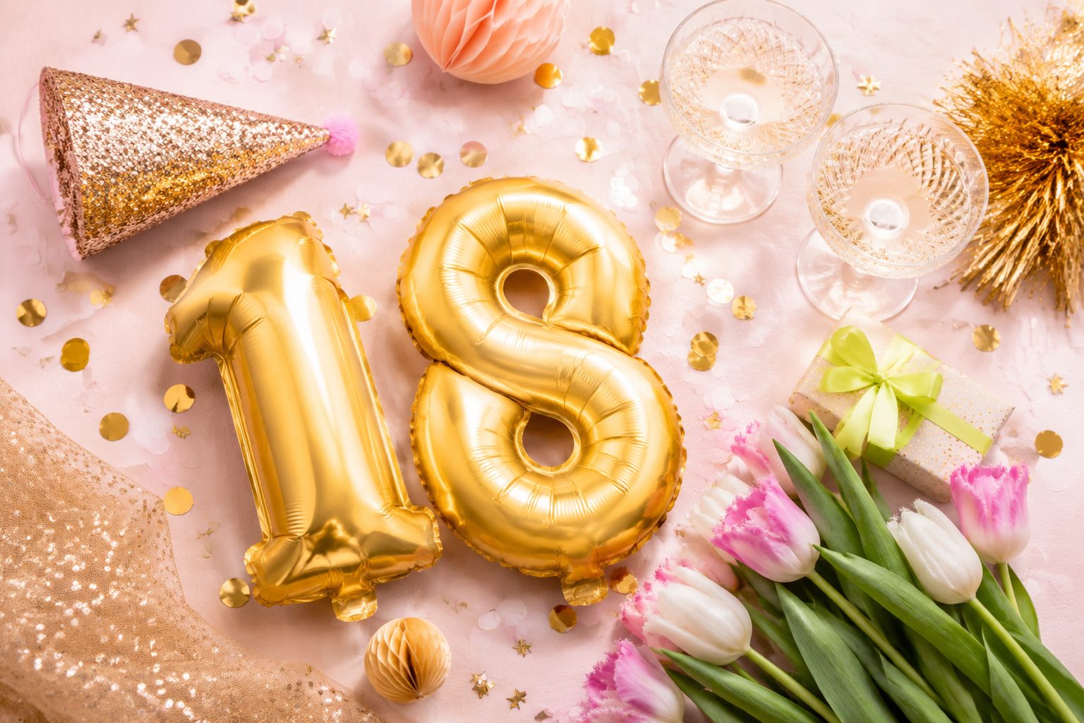 Śmieszne życzenia na 18 urodziny — złoty balon, konfetti i lampki