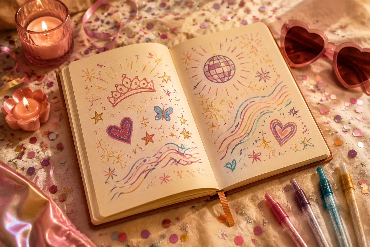Otwarty notes z dowcipnym wierszykiem urodzinowym i akcesoria imprezowe