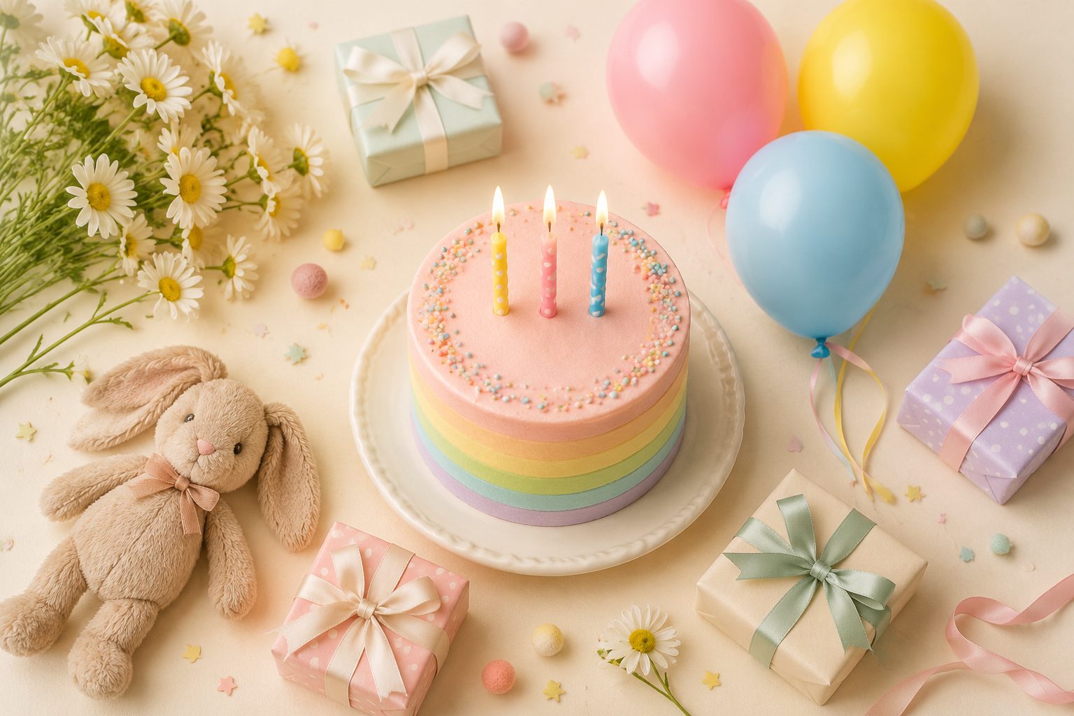 Trzecie urodziny — pastelowy tort z trzema świeczkami, balony i prezenty