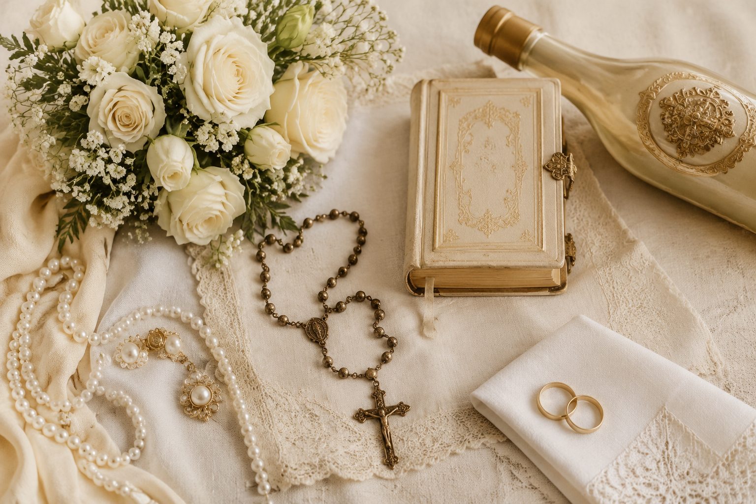 Życzenia ślubne od matki chrzestnej — różaniec, obrączki, białe róże, wino