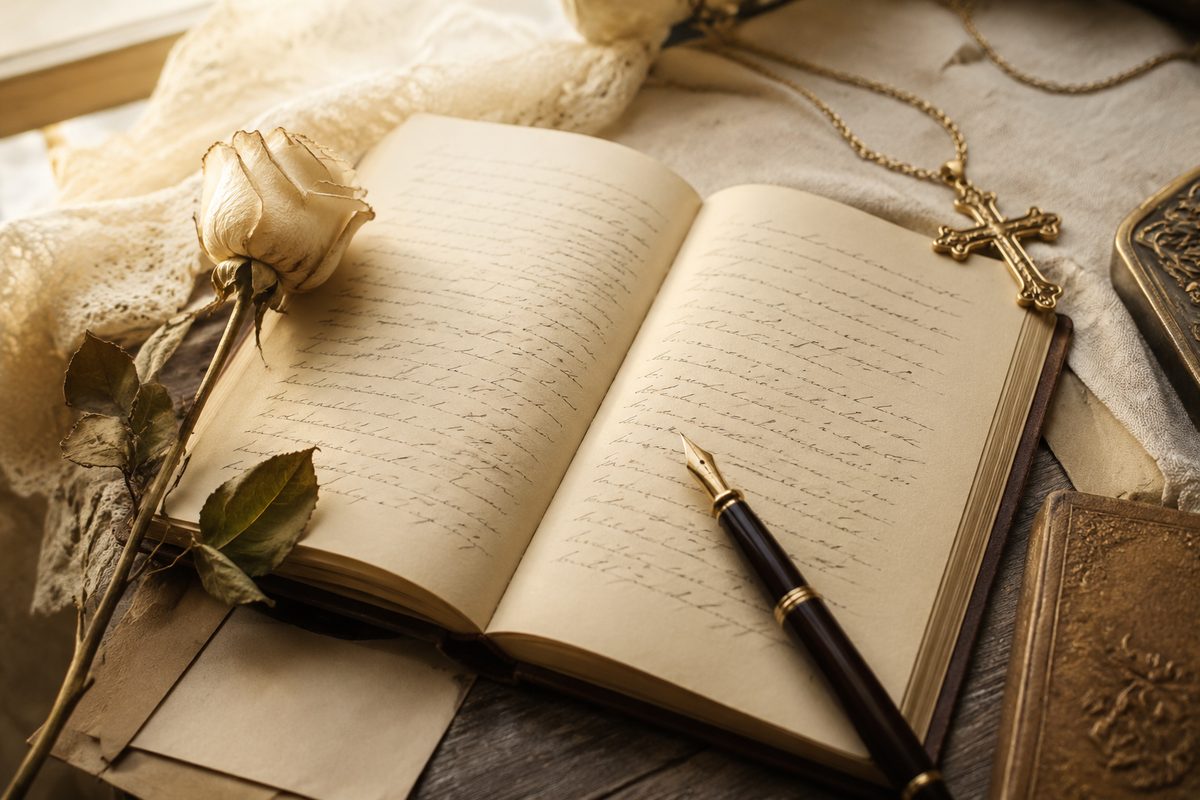 Otwarty notes z odręcznym listem od chrzestnej, pióro i suszona róża