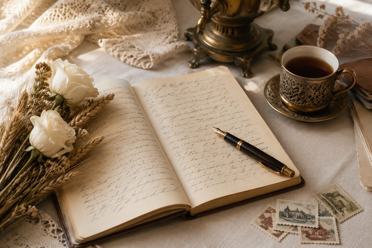 Życzenia po rosyjsku — vintage notes z cyrylicą, suszone róże i czerwona herbata