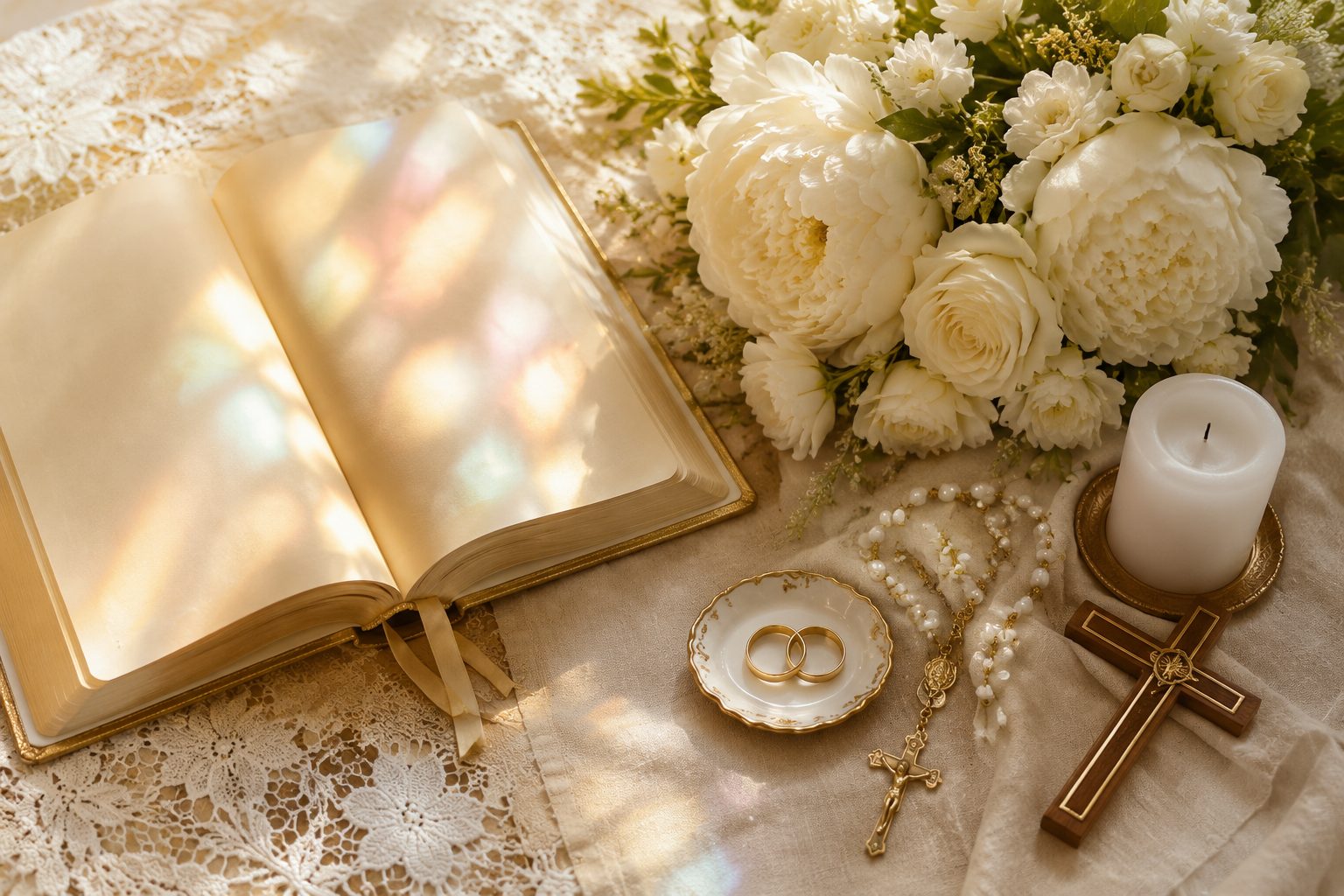 Religijne życzenia ślubne — modlitewnik, obrączki, różaniec i białe róże