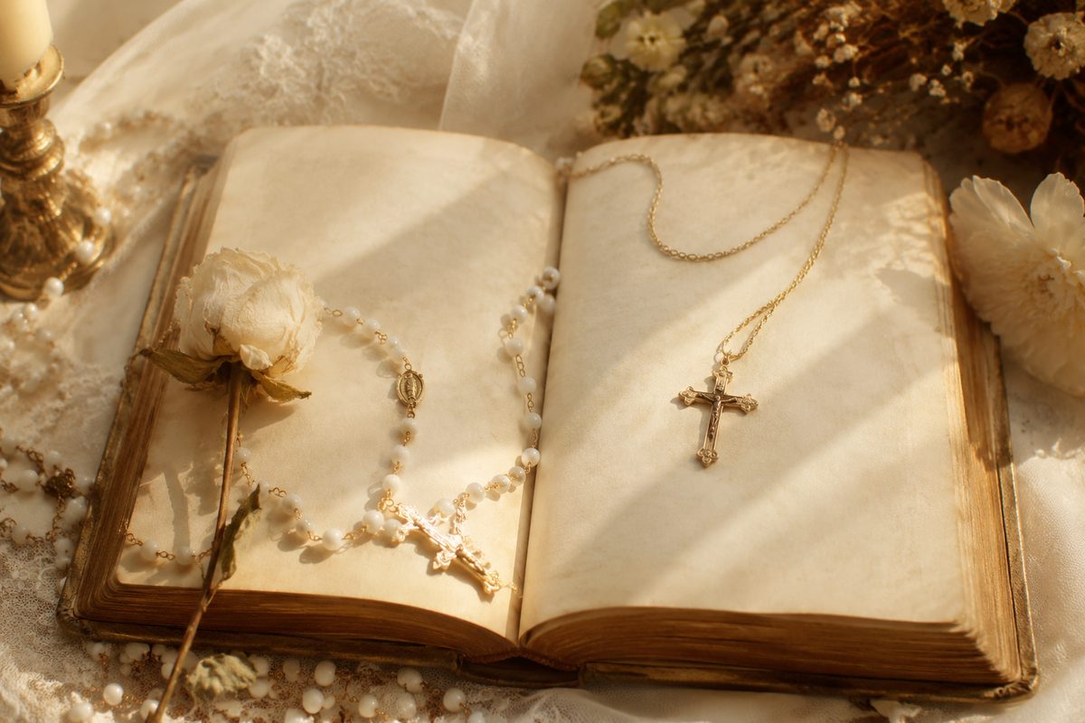 Otwarta Biblia, biały różaniec i suszona róża — religijne życzenia ślubne