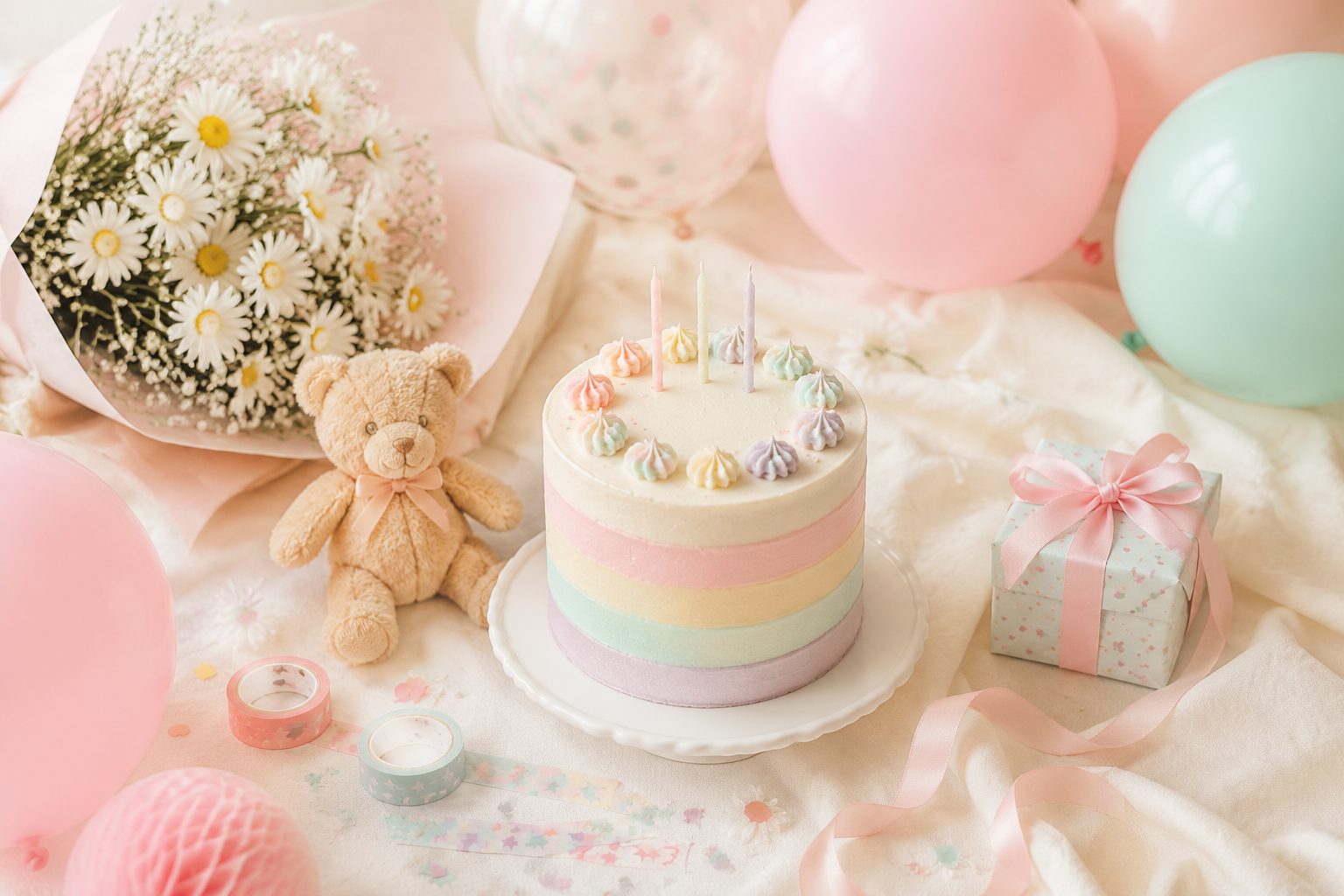 Życzenia urodzinowe dla czterolatki — pastelowy tort, balony i kwiaty