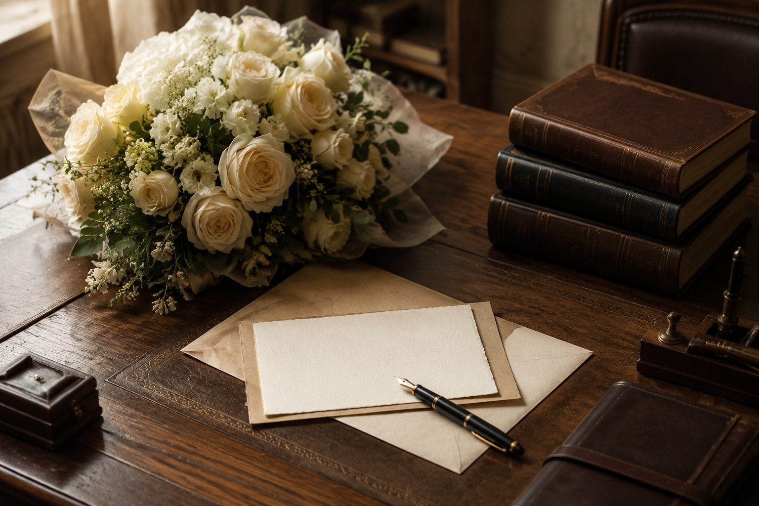 Eleganckie biurko, kwiaty i kartka urodzinowa dla dyrektora szkoły
