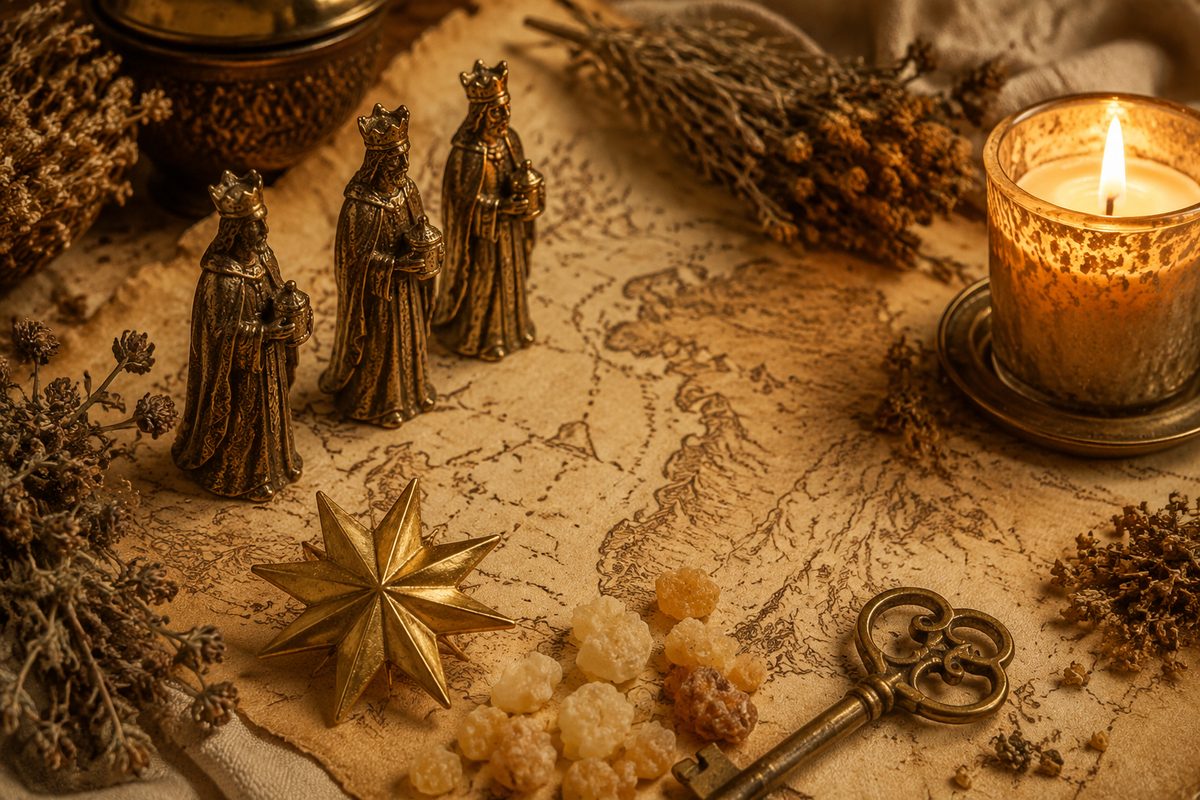 Trzej Królowie — vintage mapa, gwiazda, kadzidło, antyczny klucz