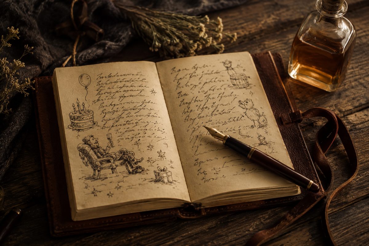 Otwarty vintage notes z żartobliwym wierszykiem, pióro wieczne i mała butelka whisky
