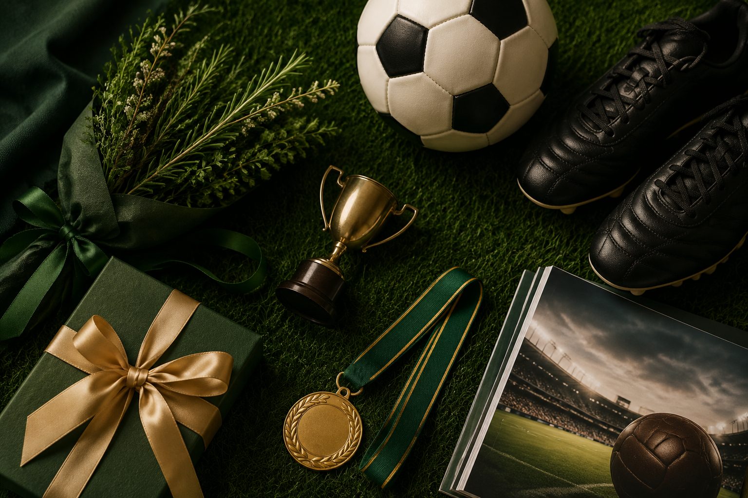 Życzenia urodzinowe dla piłkarza — piłka, korki, trofeum