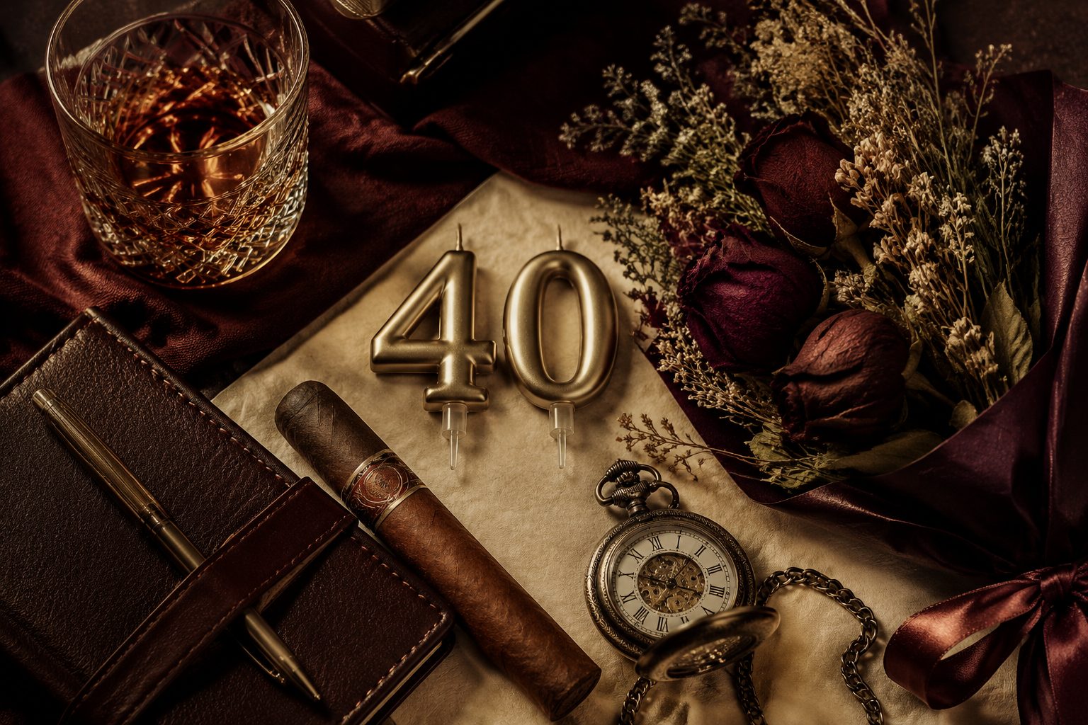 Życzenia urodzinowe na 40 dla mężczyzny — whisky, zegarek, czterdziestka