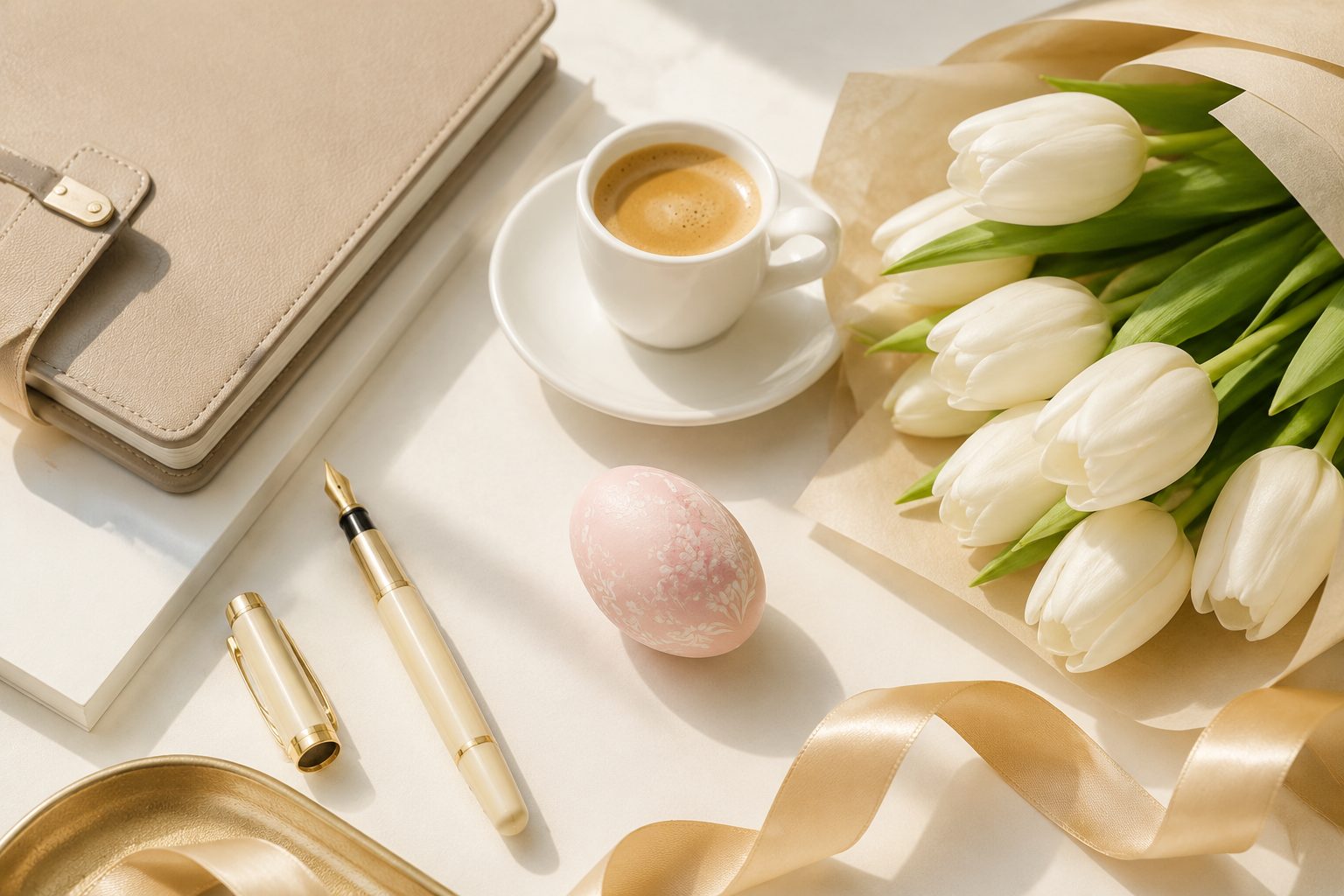 Eleganckie życzenia wielkanocne dla szefa — skórzany notes, pióro, biała pisanka i tulipany